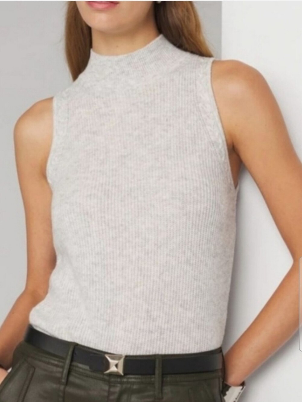 WHBM Cable Stitch Mockneck Sweater Tank Heather Lunar XL Sleeveless
